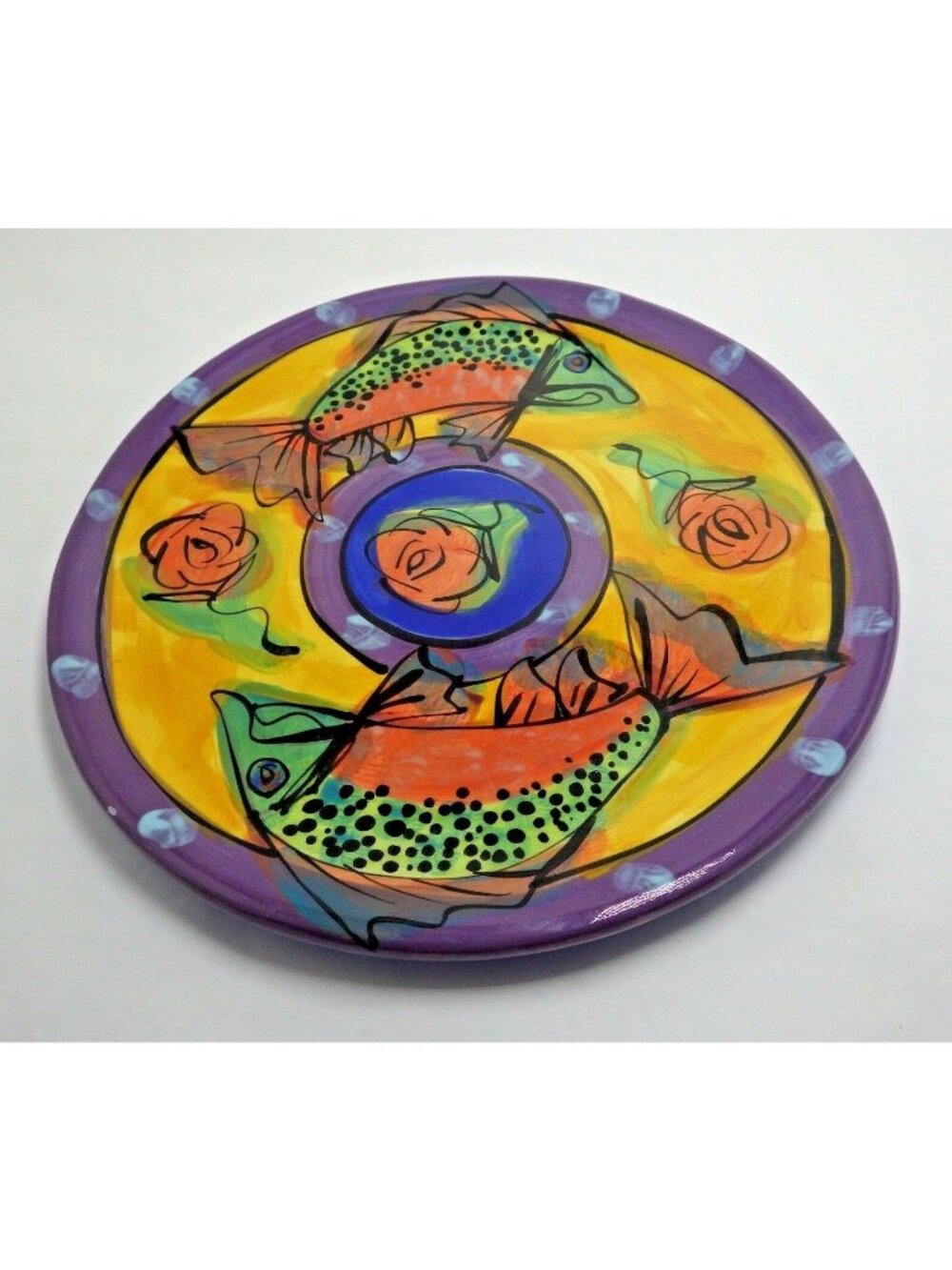 Handmade Ceramic Purple Orange Fish Serving Round Platter Chop Plate